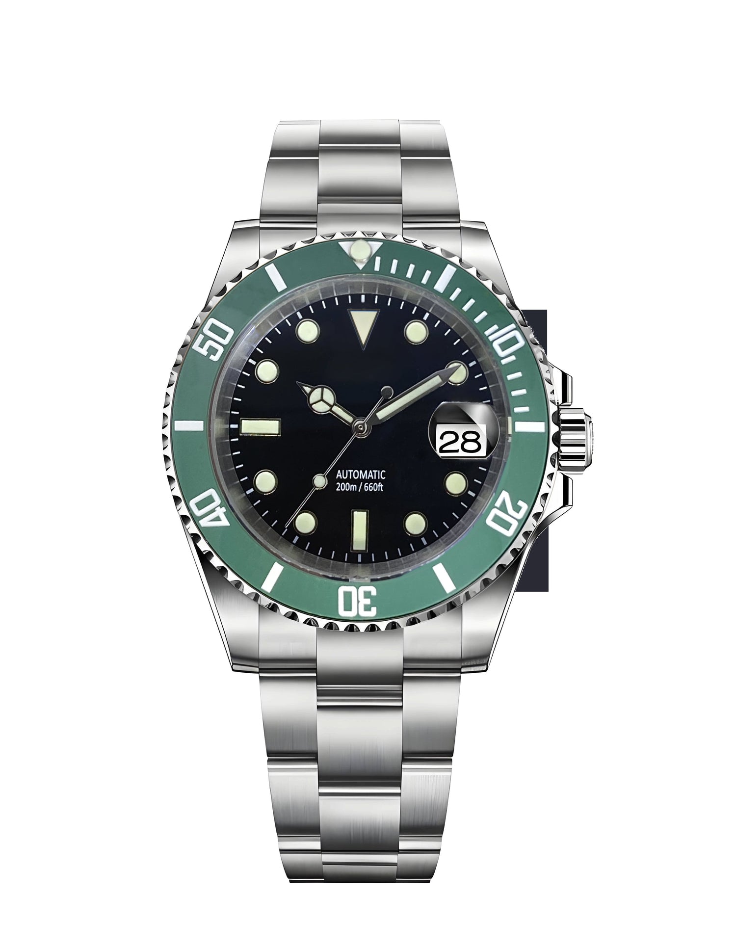 front view of green submariner watch with super luminova c3 made by Keypower Watch