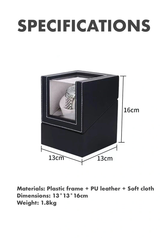 Single Watch Winder – PU Leather, Clear Cover, USB-C & Battery Powered