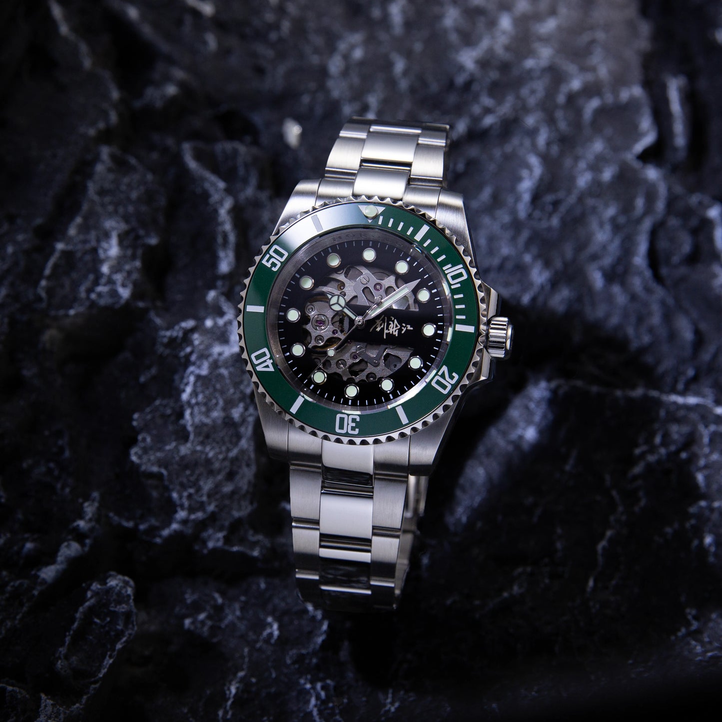 Stainless Steel Skeleton Green Submariner Custom Signature Watch