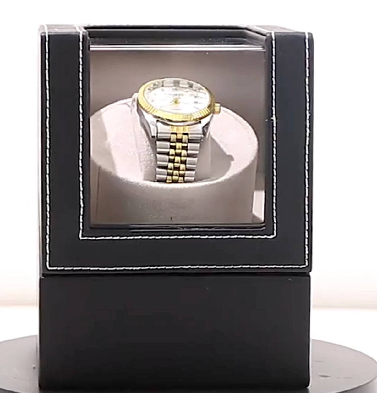 Luxury Single Watch Winder – PU Leather, Clear Cover, USB-C & Battery Powered