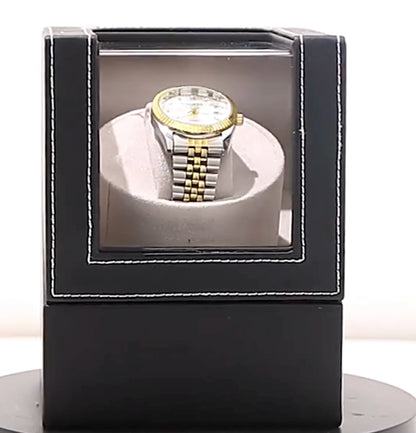 Luxury Single Watch Winder – PU Leather, Clear Cover, USB-C & Battery Powered