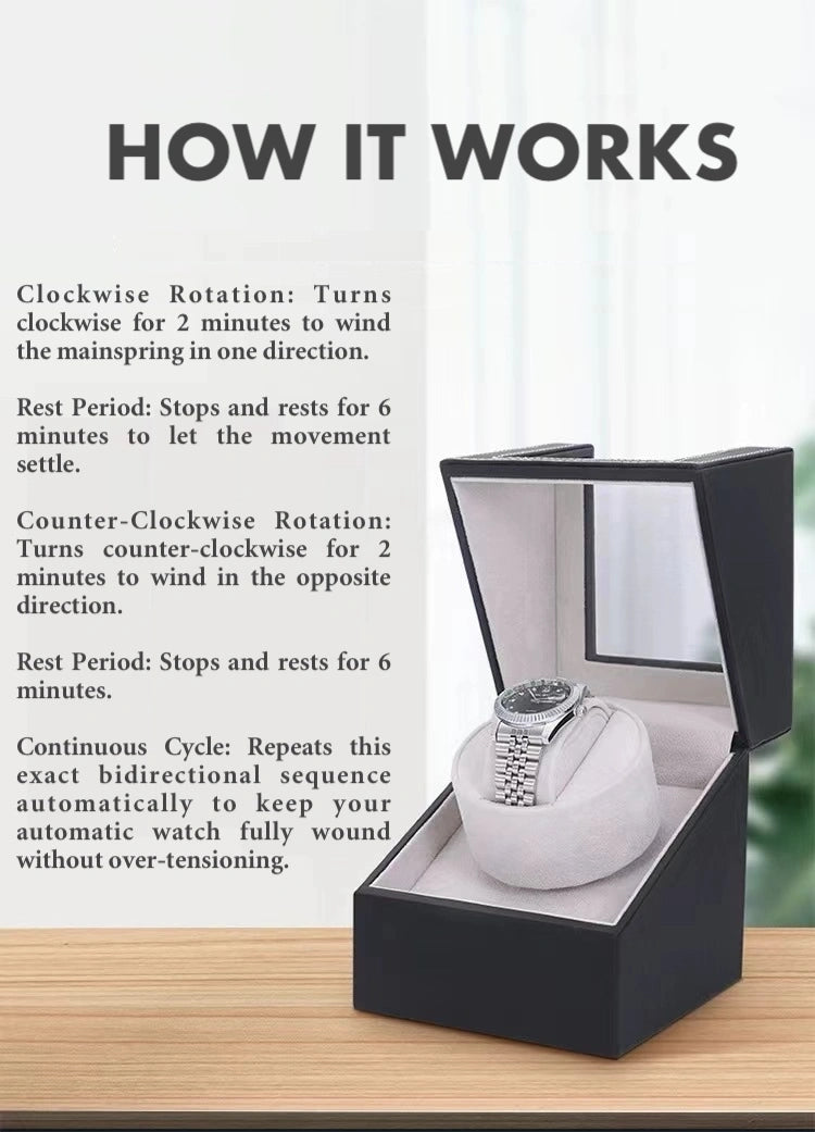 Luxury Single Watch Winder – PU Leather, Clear Cover, USB-C & Battery Powered