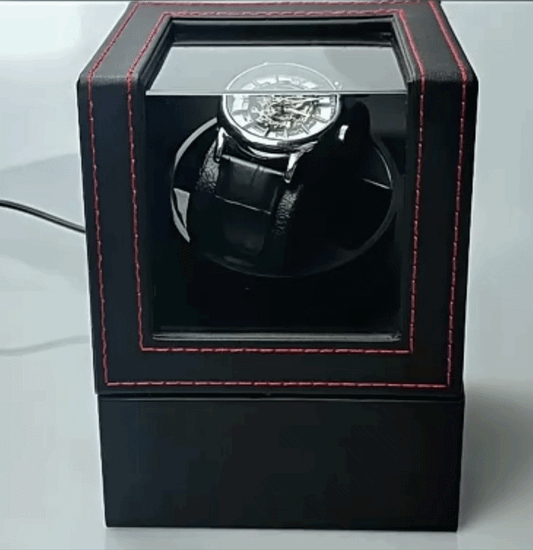 Single Watch Winder – PU Leather, Clear Cover, USB-C & Battery Powered