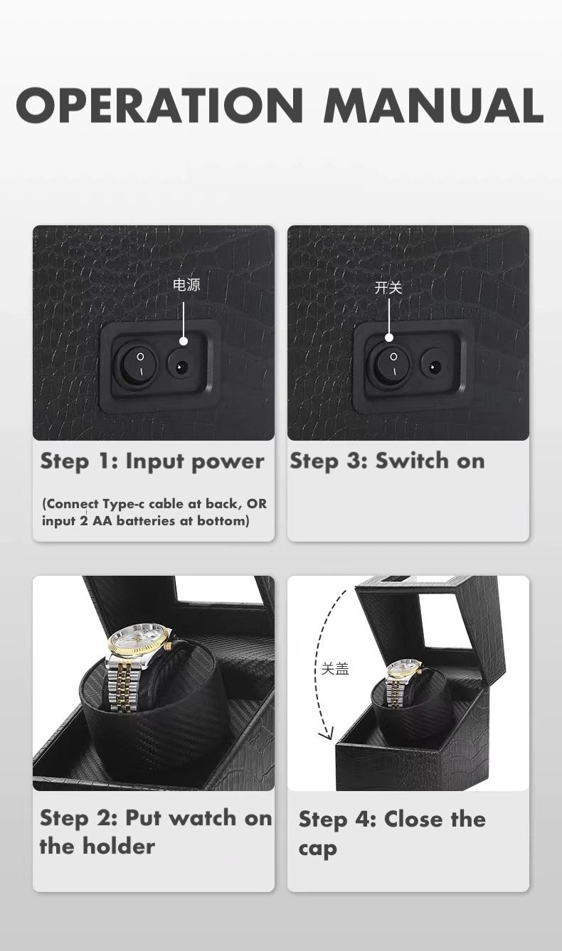 Luxury Single Watch Winder – PU Leather, Clear Cover, USB-C & Battery Powered