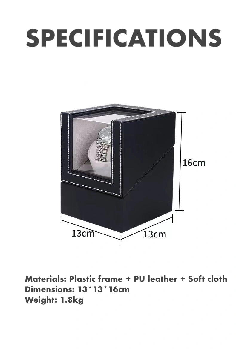 Luxury Single Watch Winder – PU Leather, Clear Cover, USB-C & Battery Powered