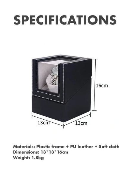 Luxury Single Watch Winder – PU Leather, Clear Cover, USB-C & Battery Powered